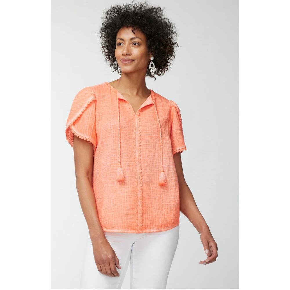 Chicos Pigment Dyed Gauze Popover Top Blouse Womens XL Sugar Poppy Orange New